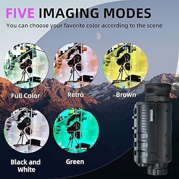 Night vision monocular with five imaging modes displayed on a mountainous background. Full color, retro, brown, black and white, green