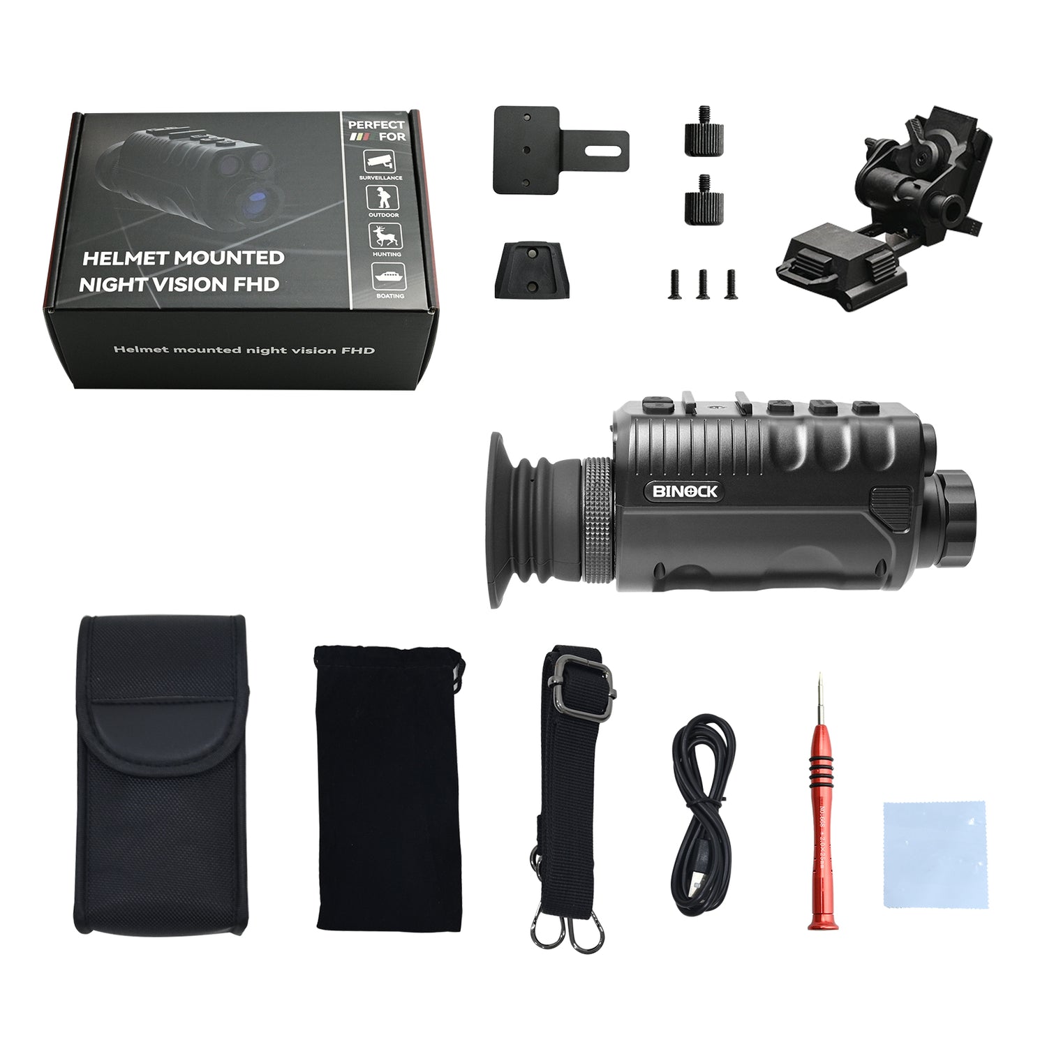 Helmet-mounted night vision with accessories on a white background