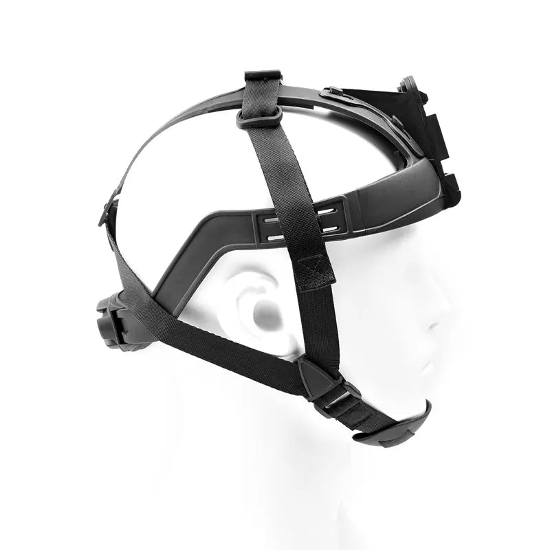 Black headgear with straps on a white background