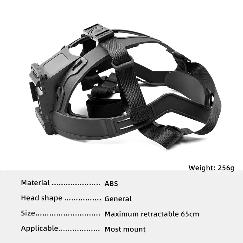 Black helmet with straps on a white background, featuring product details.