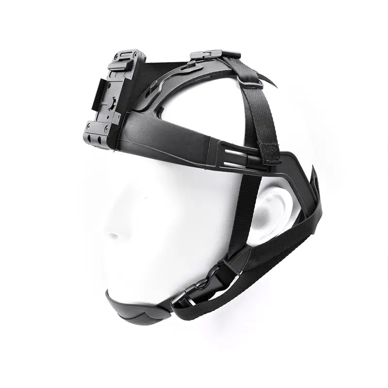 Black headgear on a mannequin head with a white background