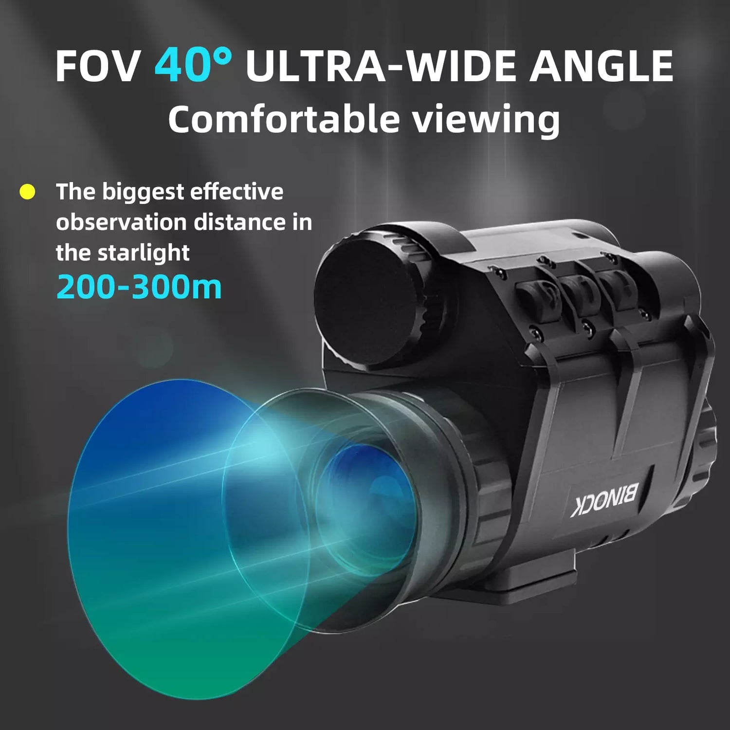 Binoculars with ultra-wide angle lens and text about field of view and observation distance on a dark background night vision goggles monocular 