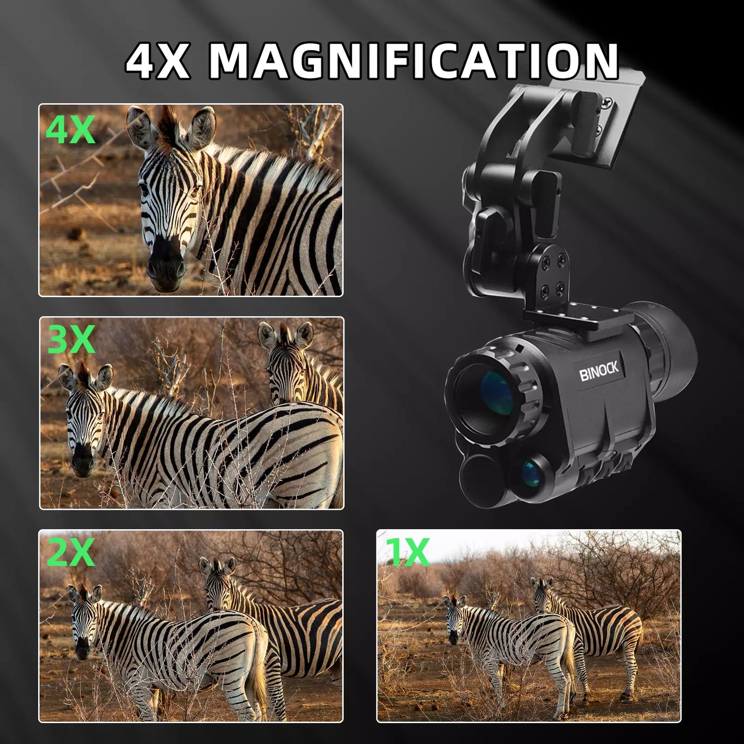Binoculars with 4x magnification feature, showing zebra images at different magnifications on a dark background. night vision goggles monocular