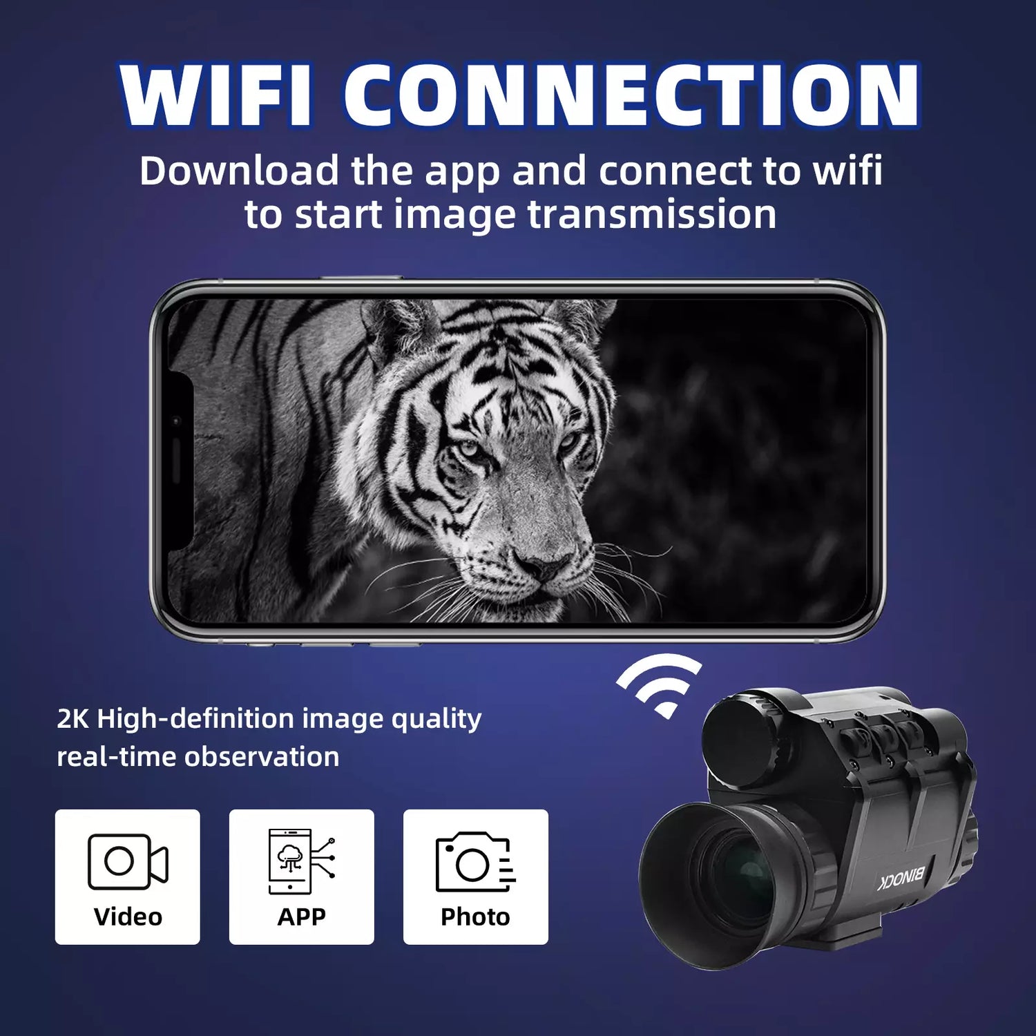 Phone displaying a tiger image with a camera and text about WiFi connection and high-definition image quality on a blue background. night vision goggles monocular