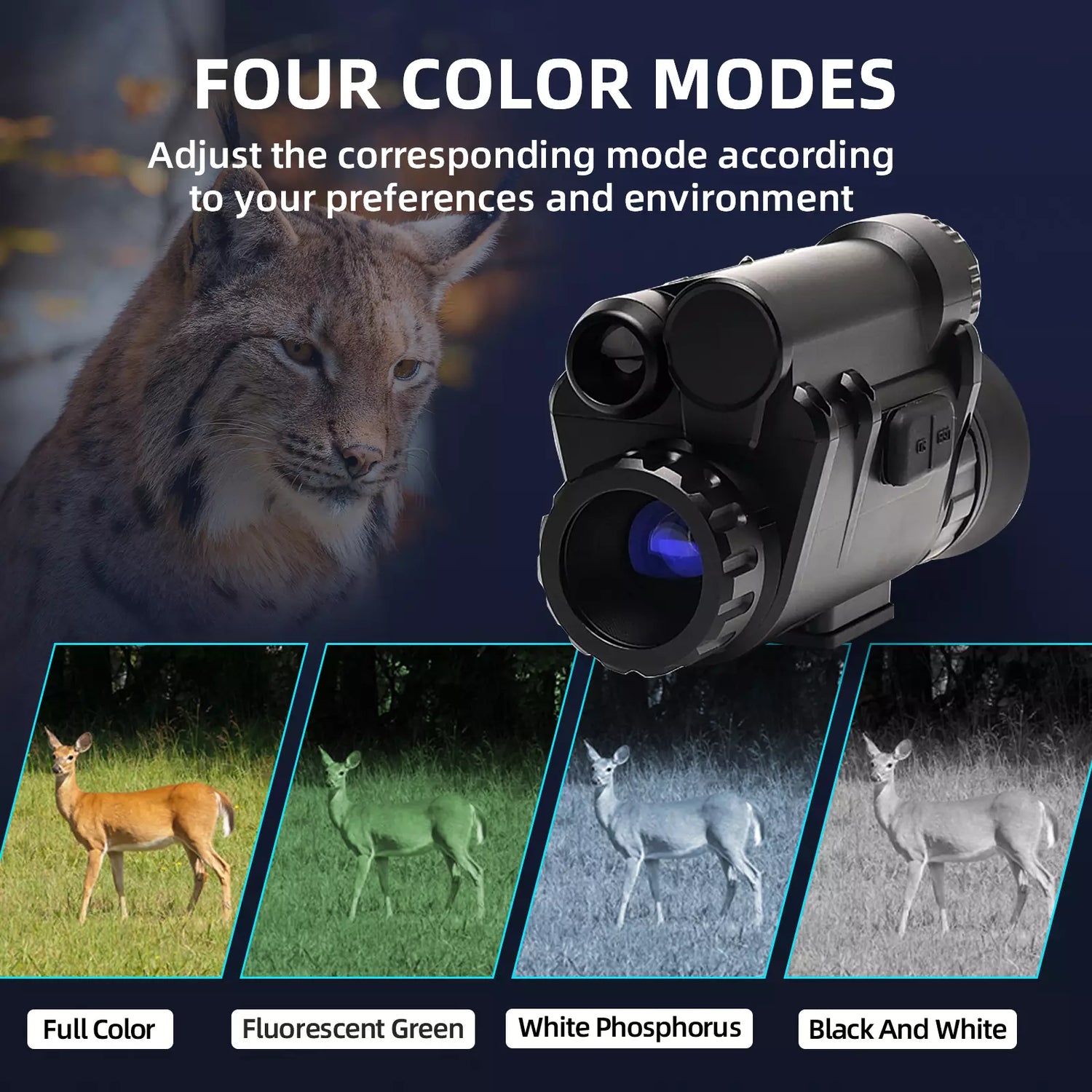 Digital night vision device with color mode options displayed on screen night vision goggles monocular