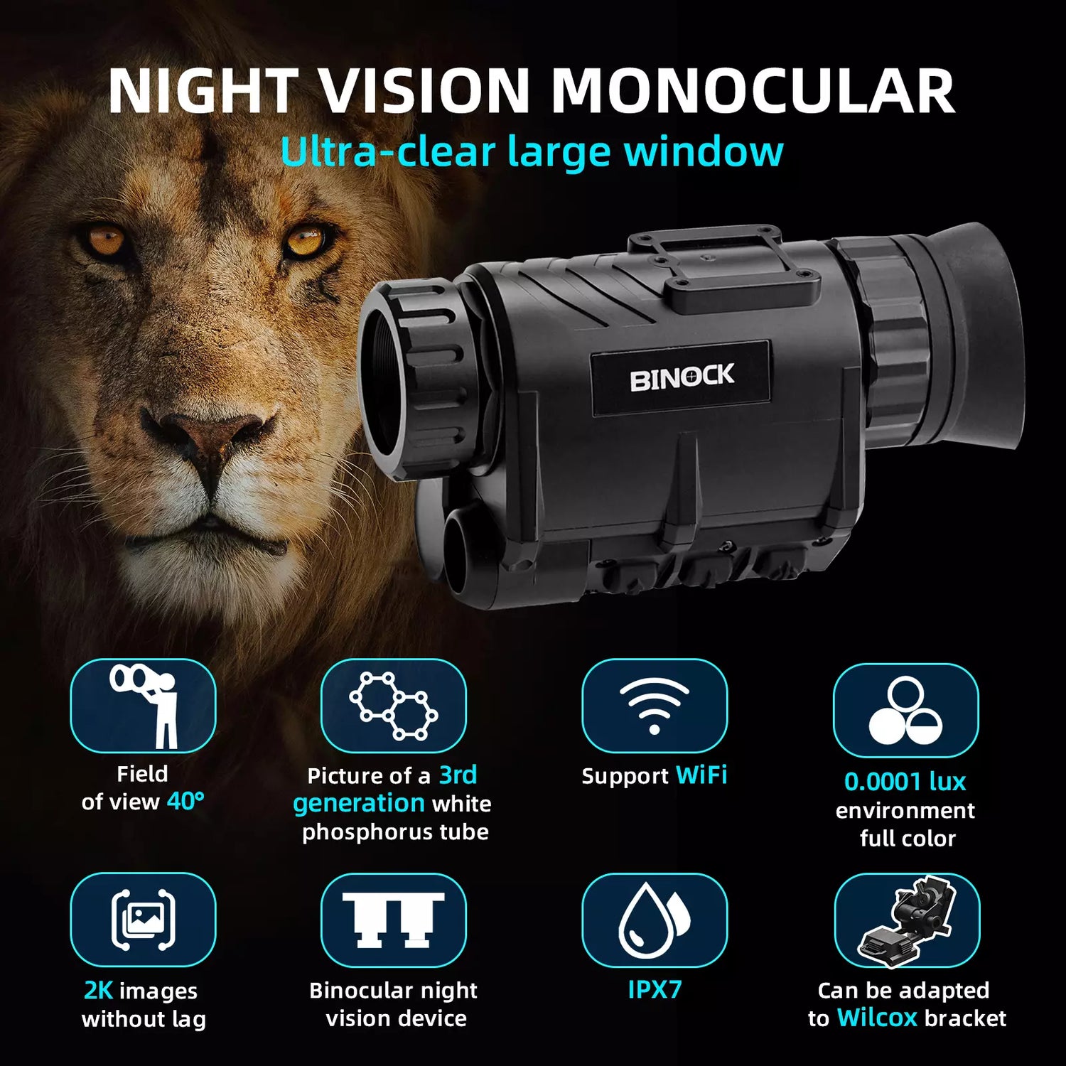 BINOCK night vision monocular with a lion's face in the background, featuring product features.