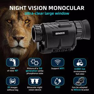 BINOCK night vision monocular with a lion's face in the background, featuring product features.