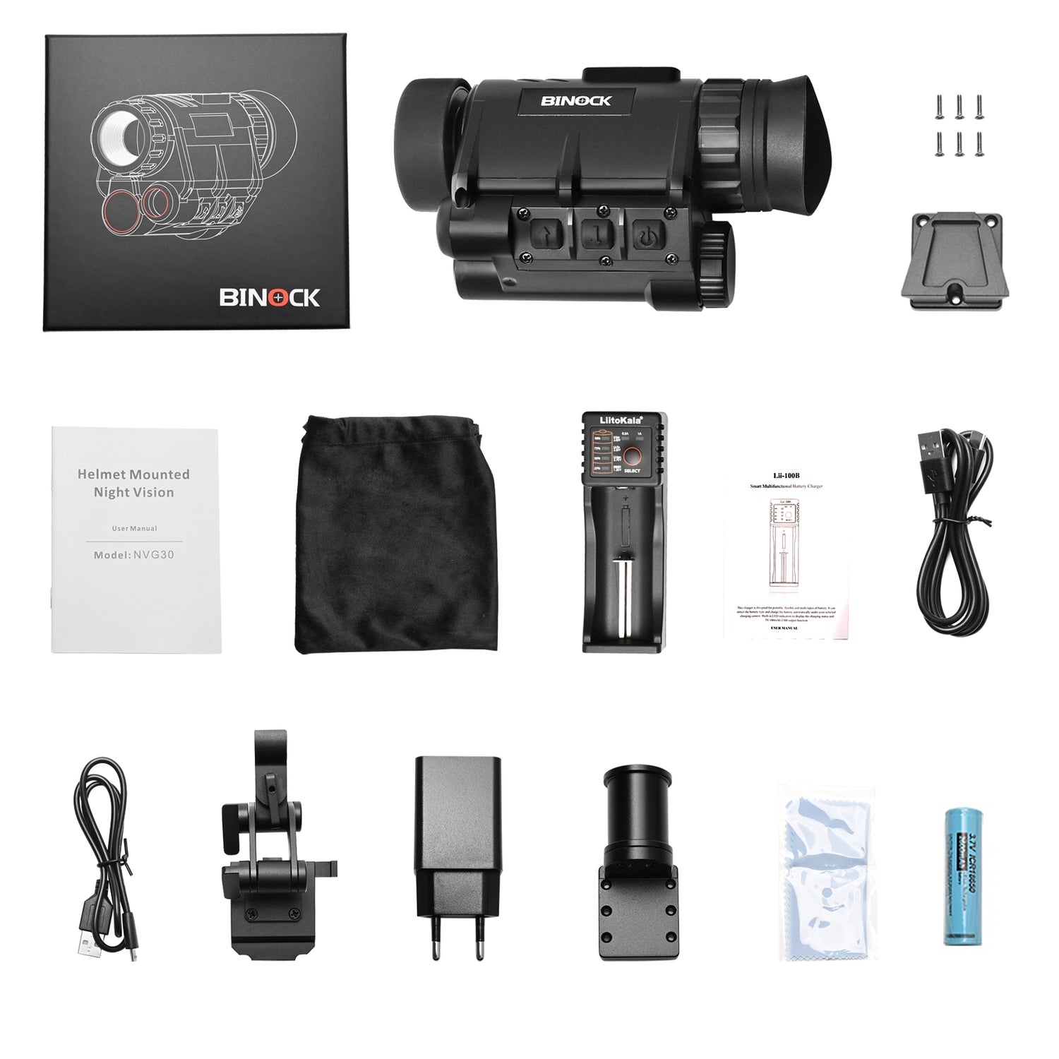 BINOCK helmet-mounted night vision device with accessories on a white background