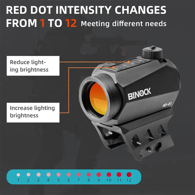 BINOCK red dot sight with intensity control options on a dark background