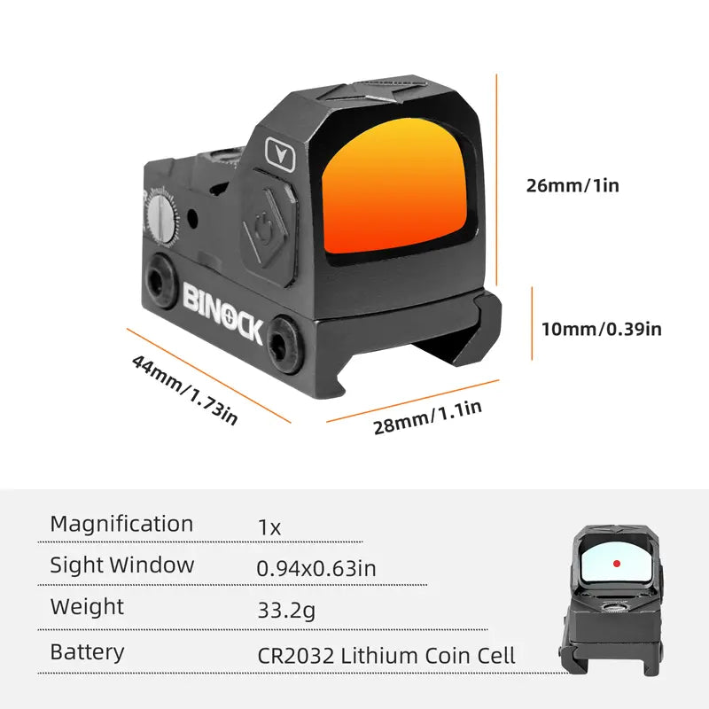 BINOCK red dot sight with dimensions and specifications on a white background