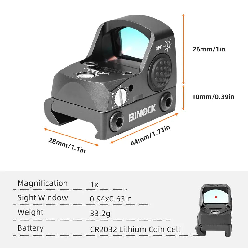 BINOCK sight with dimensions and specifications on a white background