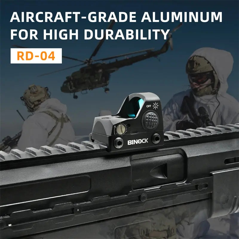 BINOCK sight on a rifle with soldiers and a helicopter in the background, emphasizing durability.