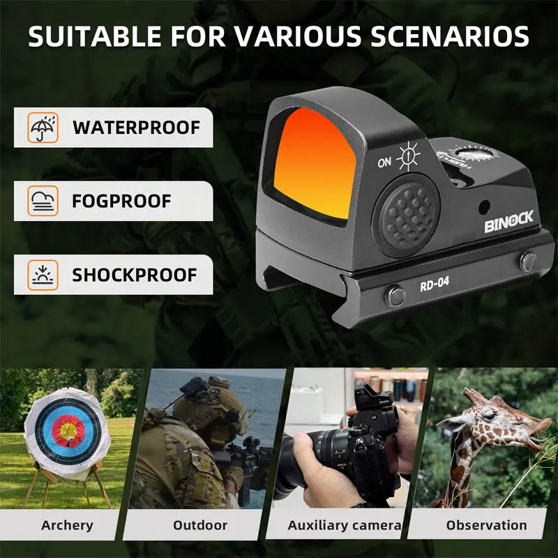 Red dot sight with features and uses displayed on a green background