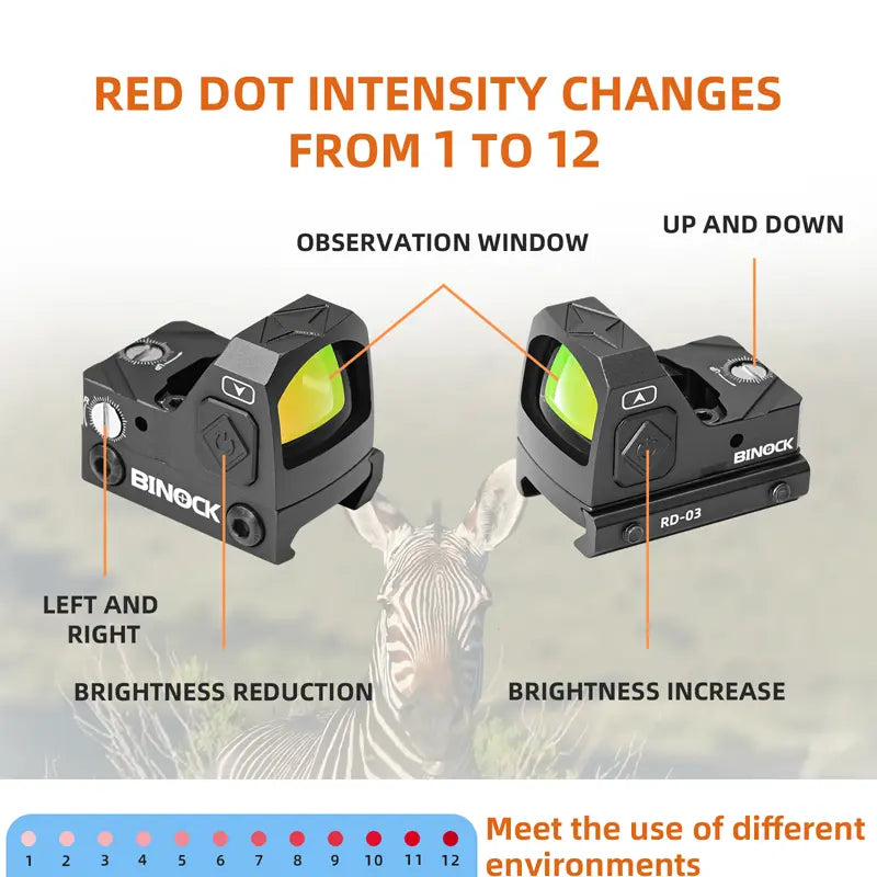Two red dot sight devices with labeled features and a deer in the background.