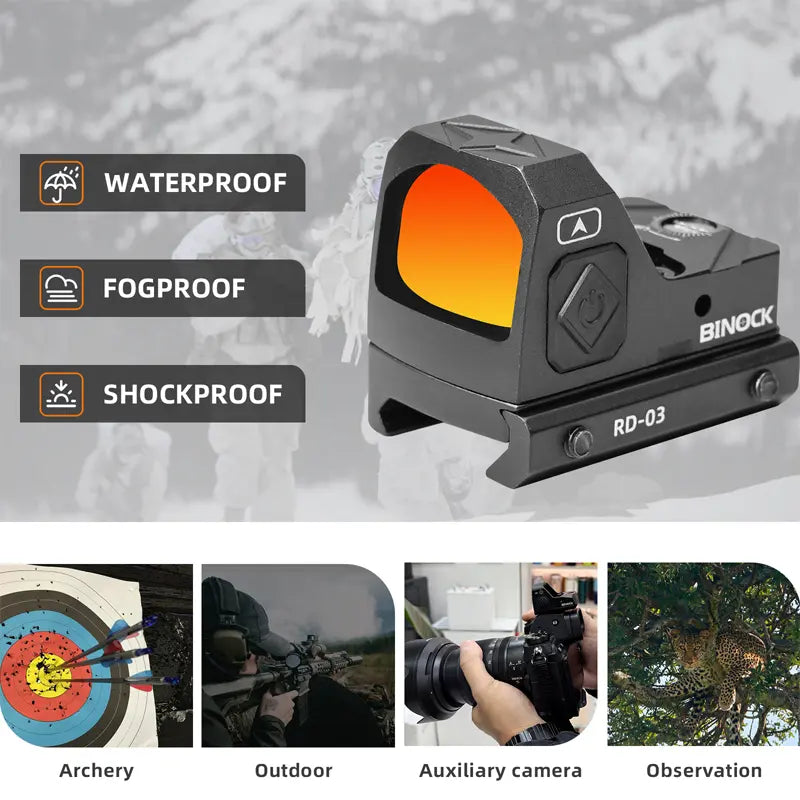 BINOCK RD-03 red dot sight with features listed on a gray background