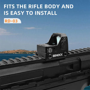 BINOCK rifle scope on a rifle with a scenic background