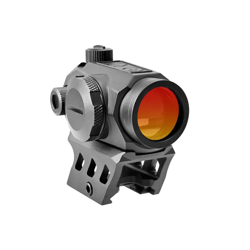 Red dot sight with a metallic finish on a white background