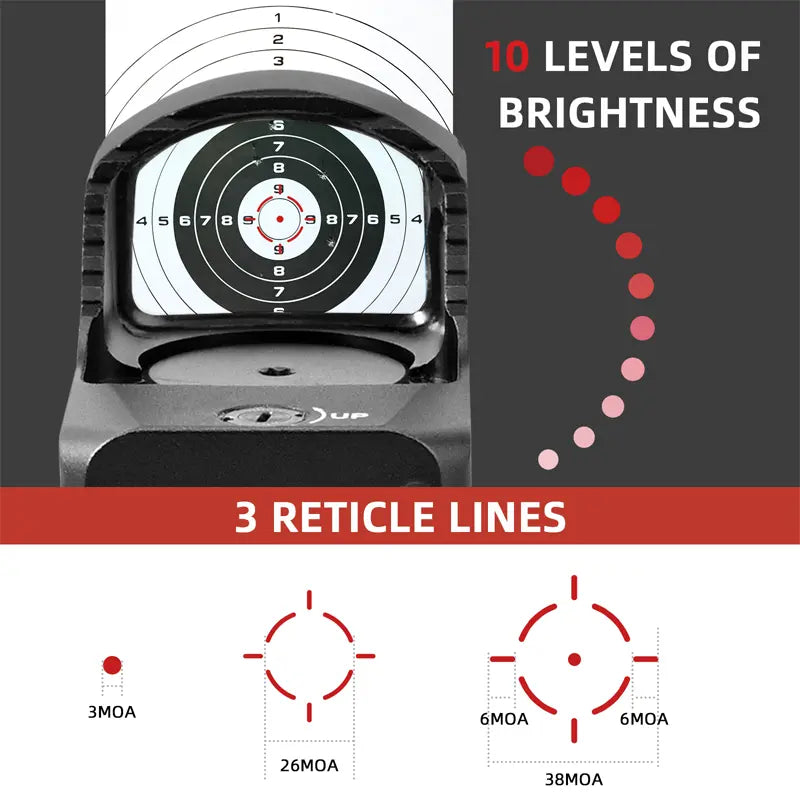 Optical sight with reticle lines and brightness levels on a gray background