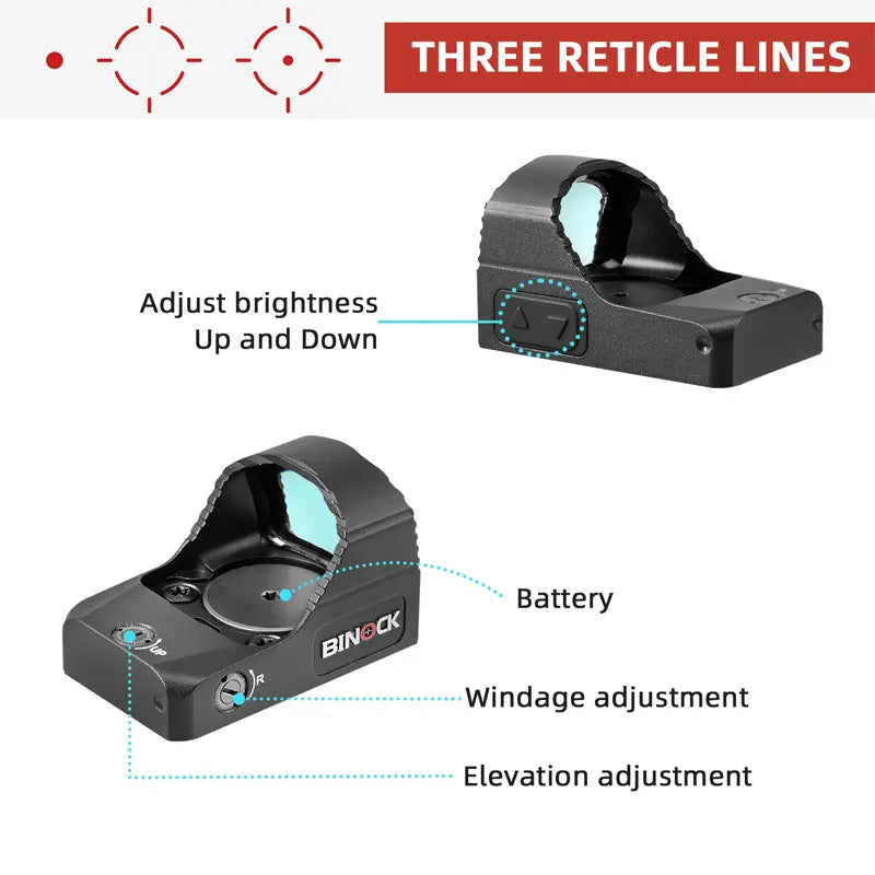 BINOCK sight with reticle lines and adjustment features on a white background