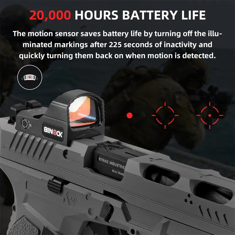 BINOCK red dot sight on a rifle with text about battery life and motion sensor functionality.