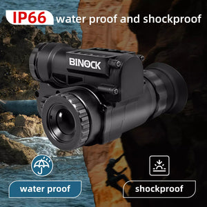 BINOCK night vision goggles with water and shockproof features, set against a natural background. thermal imaging camera