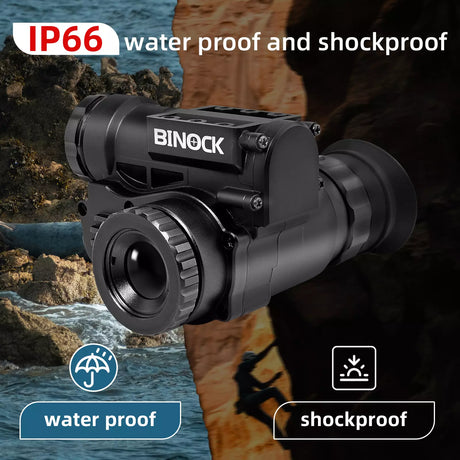 BINOCK night vision goggles with water and shockproof features, set against a natural background. thermal imaging camera