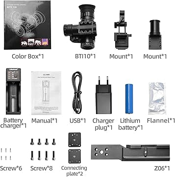 List of items including a color box, battery charger, USB cable, lithium battery, and more on a white background. The accessories of the thermal night vision goggles.