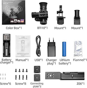 List of items including a color box, battery charger, USB cable, lithium battery, and more on a white background. The accessories of the thermal night vision goggles.