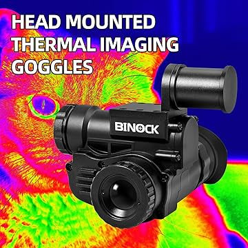 Head-mounted thermal night vision imaging goggles with BINOCK branding on a colorful thermal image background.