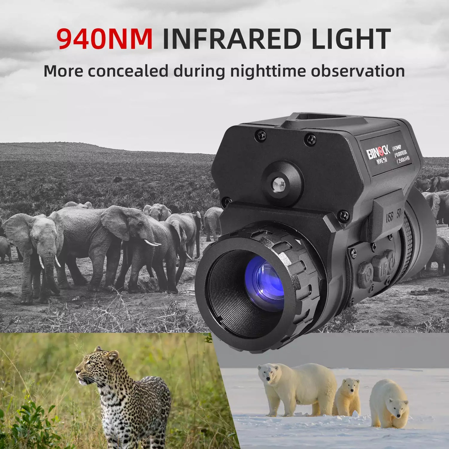 Infrared camera with 940NM label, showing wildlife images in the background.