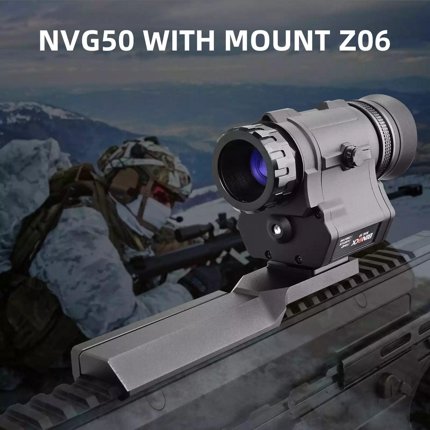 Nvg50 with mount Z06 on a rifle against a mountainous background night vision goggles for hunting