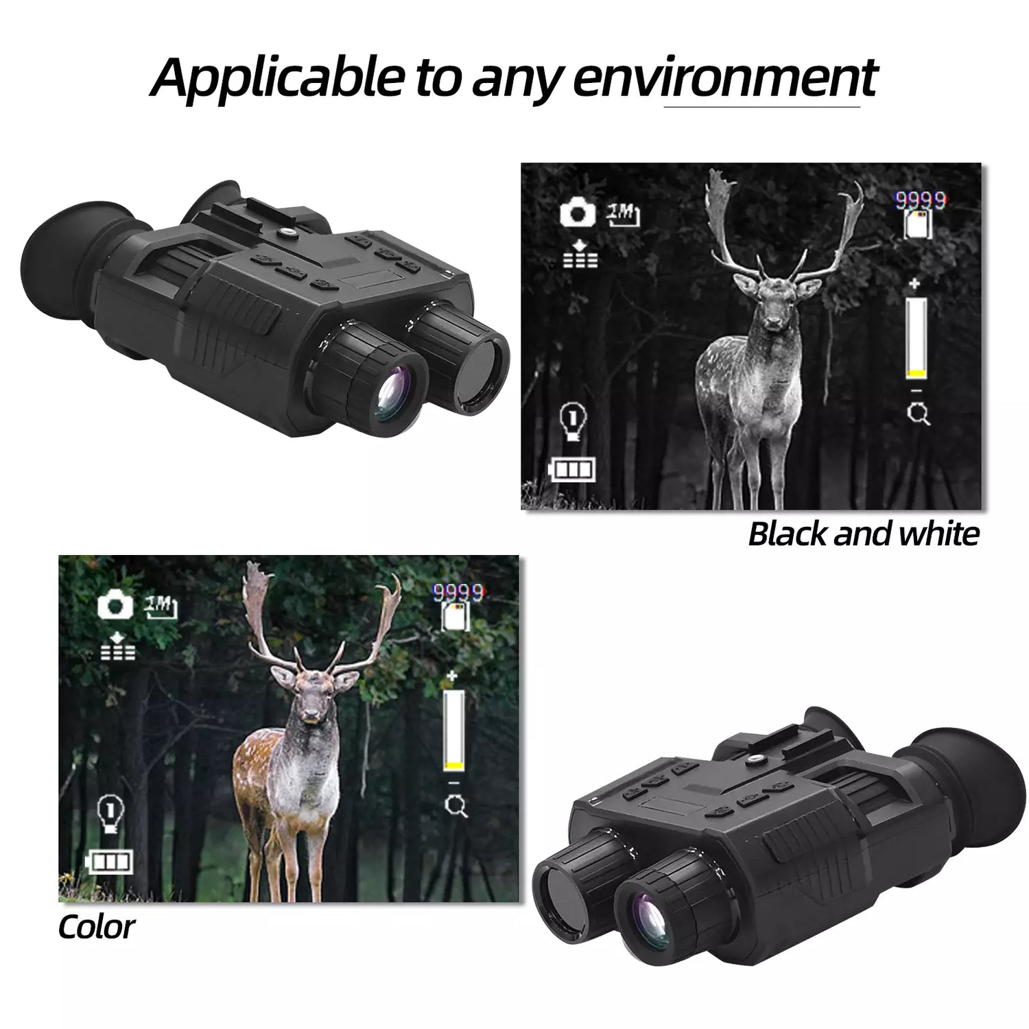 Night vision device with images of deer in color and black and white on a white background. night vision goggles binoculars