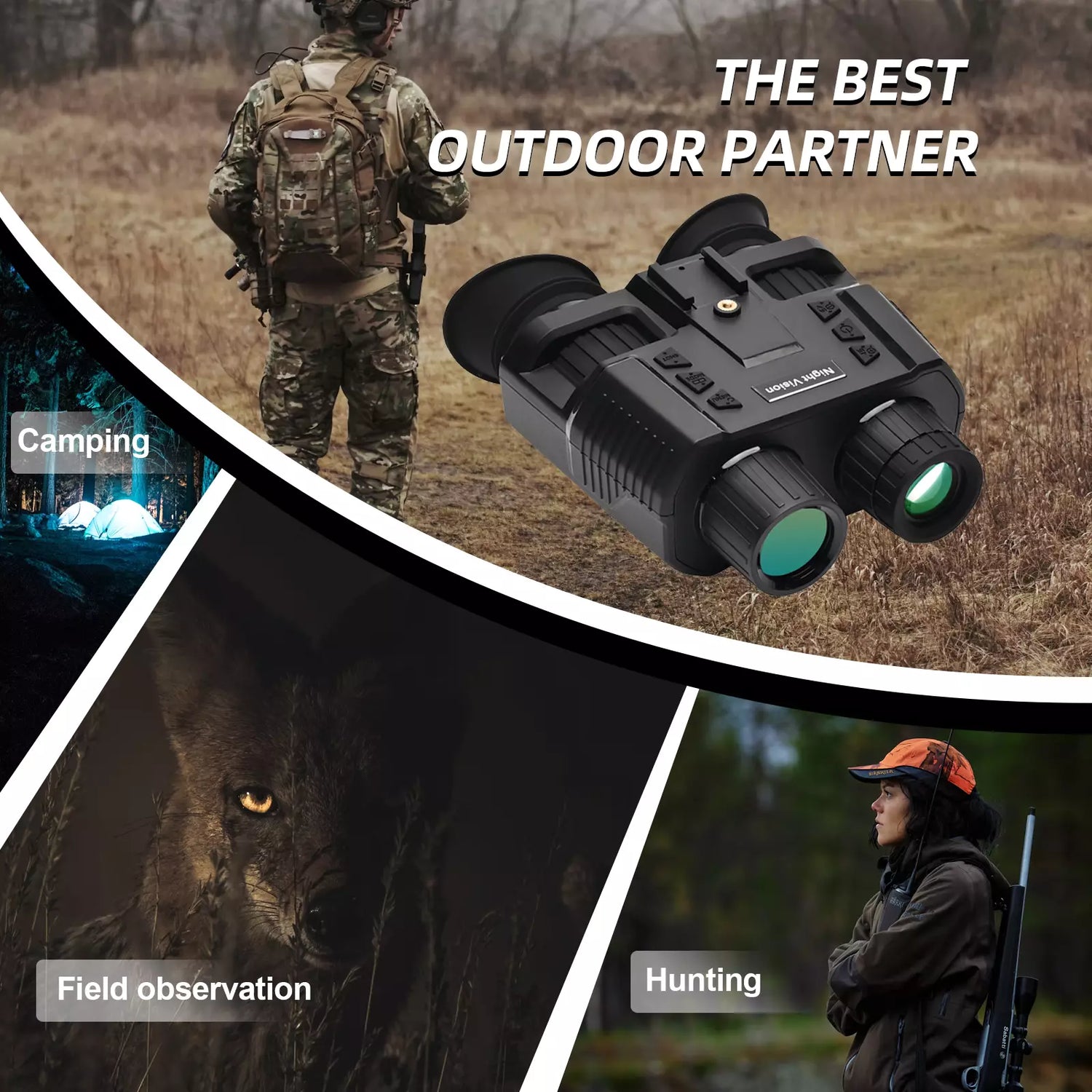 Digital night vision binoculars with  including camping, field observation, and hunting, set against a natural outdoor backdrop. night vision goggles binoculars