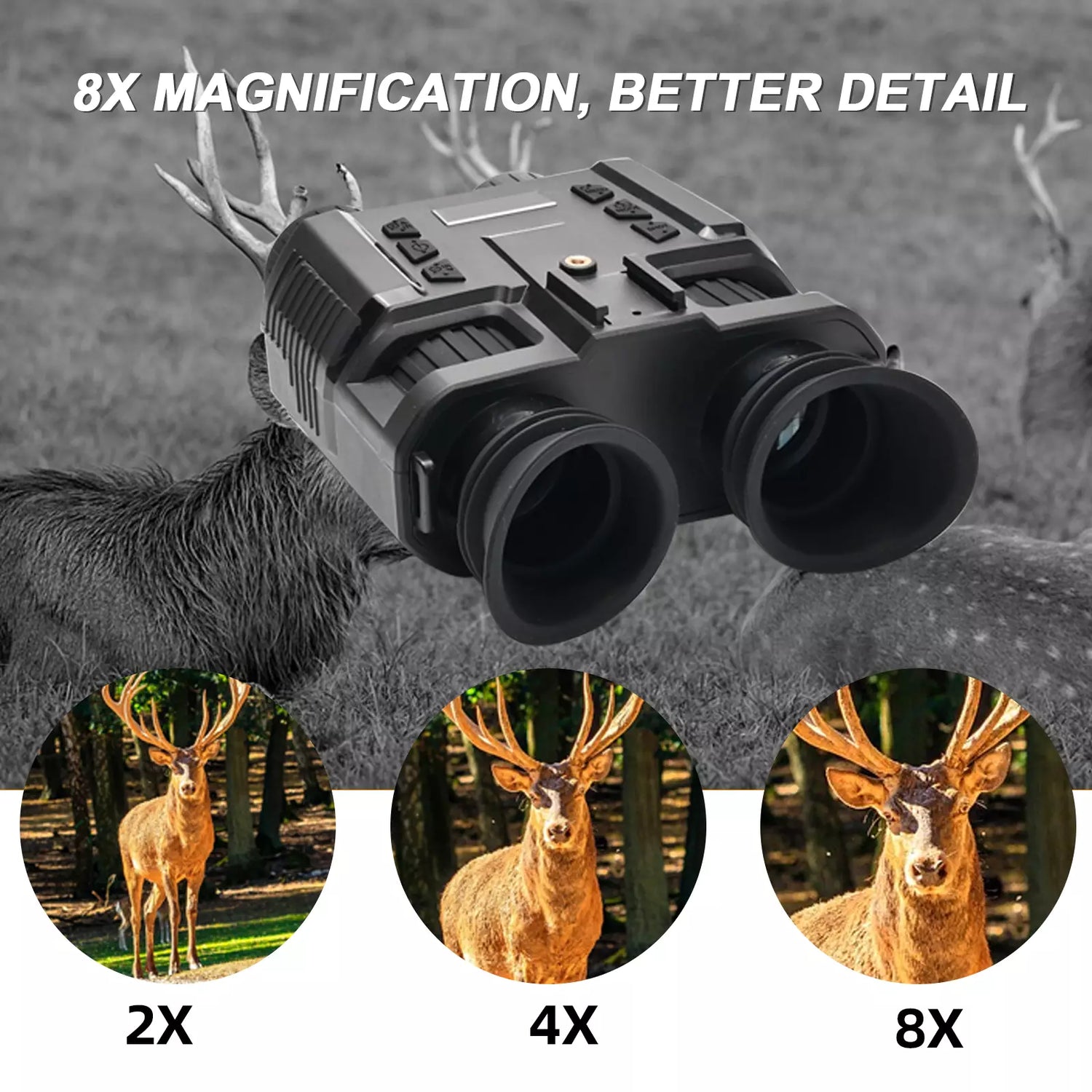 Digital binoculars with magnification options displayed against a forest background night vision goggles binoculars