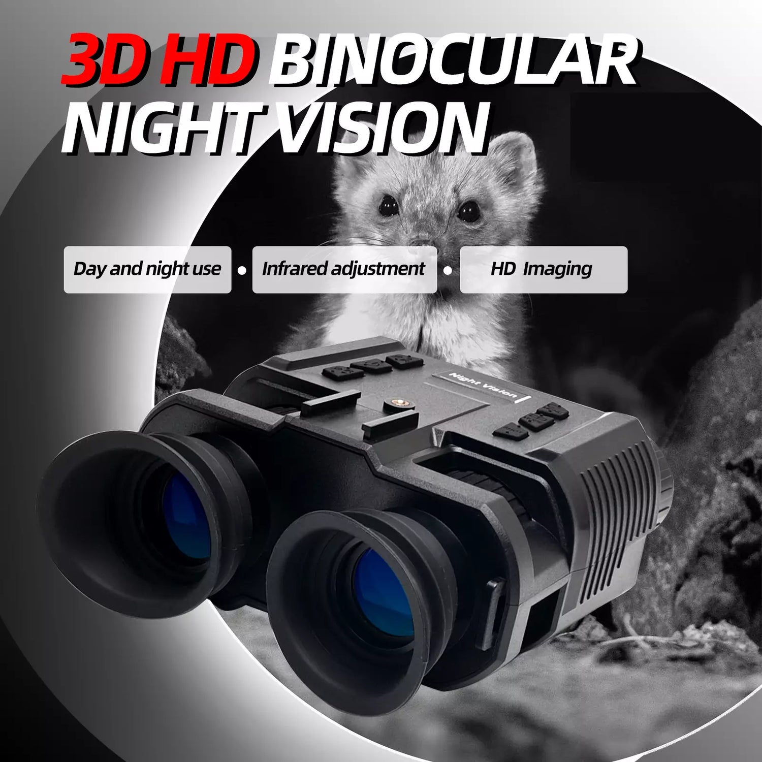 3D HD binocular night vision device with a mouse in the background