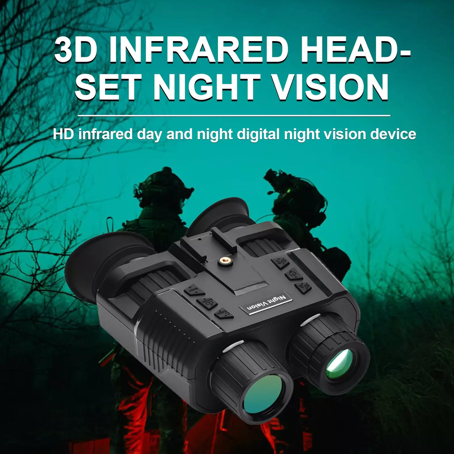 3D Infrared head-set night vision device with text on a dark background