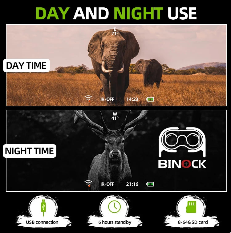 Comparision of BINOCK digital night vision goggles camera monocular's day and night use with an elephant and deer, featureing the BINOCK logo.