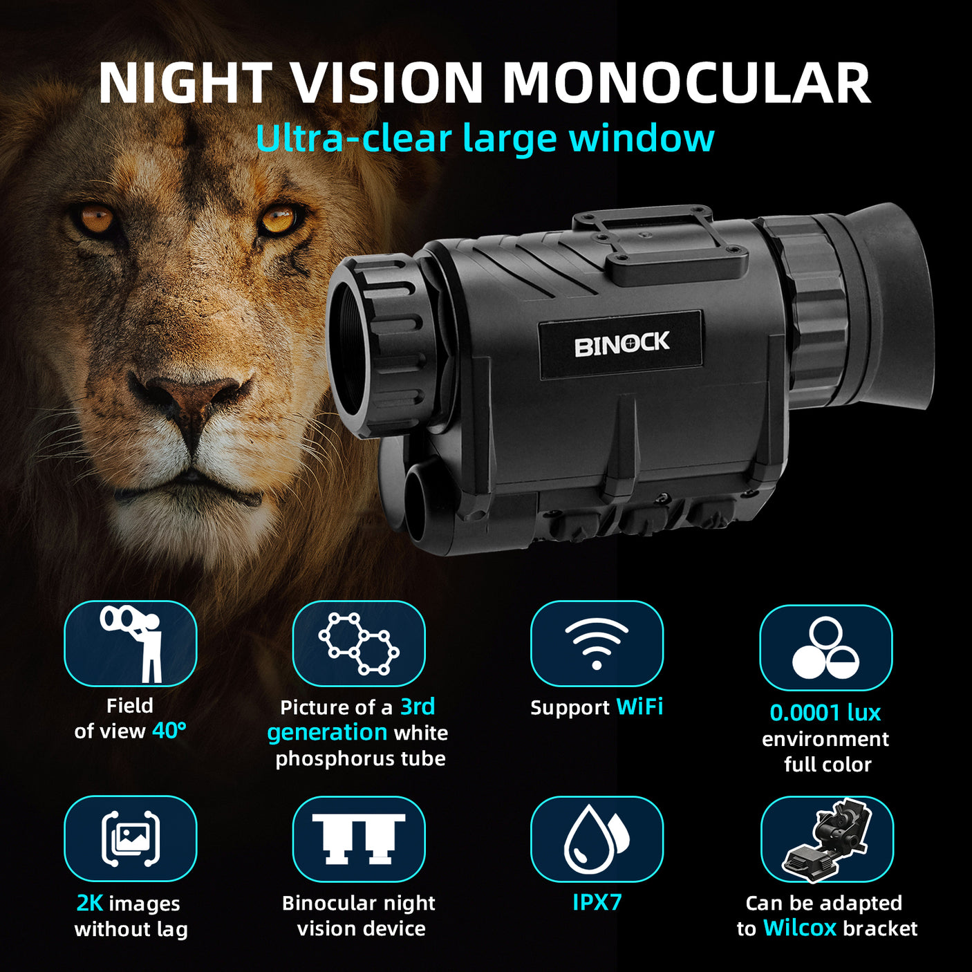 BINOCK night vision monocular with a lion's face in the background, featuring product features. Night vision goggles camera display.