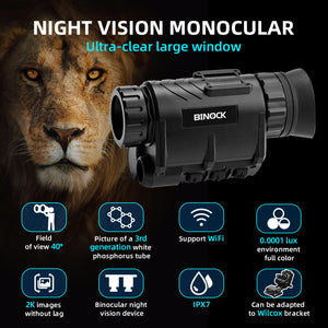 BINOCK night vision monocular with a lion's face in the background, featuring product features. Night vision goggles camera display.