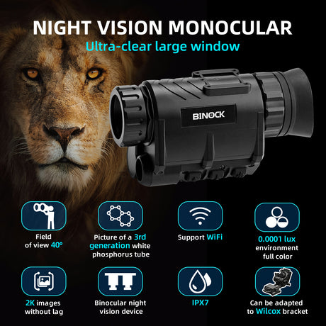BINOCK night vision monocular with a lion's face in the background, featuring product features. Night vision goggles camera display.
