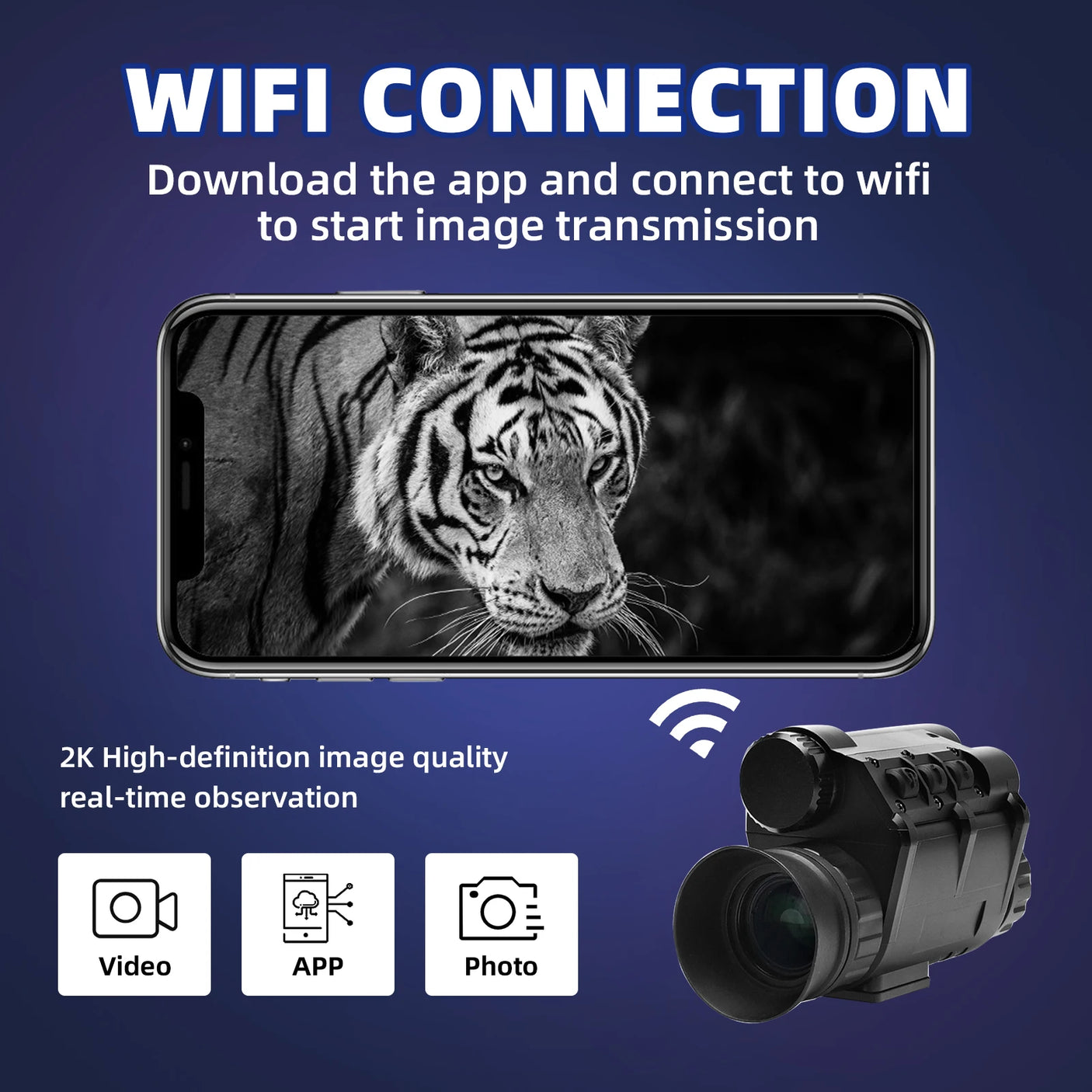 Phone screen displaying a tiger image with text about WiFi connection and camera features on a blue background. A night vision goggles camera display on the right side. 2k high-definition image quality real-tme observation.
