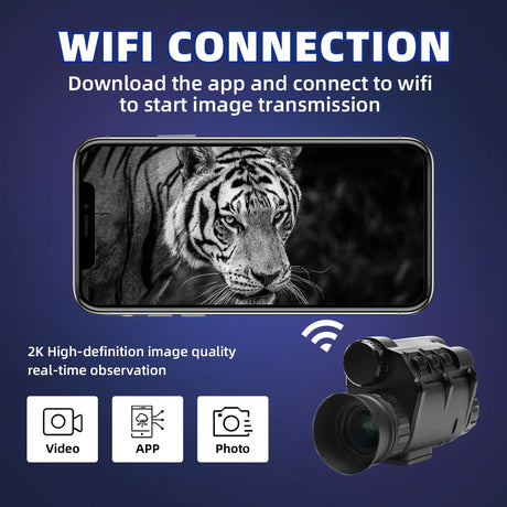 Phone screen displaying a tiger image with text about WiFi connection and camera features on a blue background. A night vision goggles camera display on the right side. 2k high-definition image quality real-tme observation.