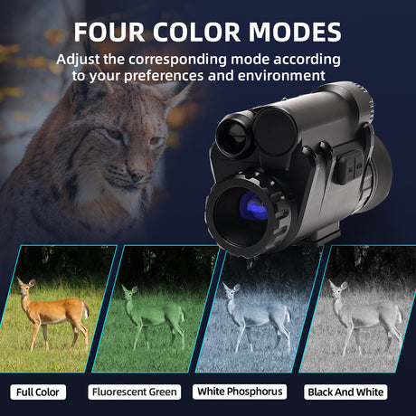 Night vision goggles camera and deer images showing color modes on a dark background. 4 color modes of this digital night vision goggles.