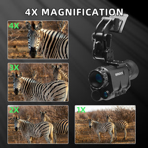 didital night vision goggles camera with 4x magnification feature, showing zebra images at different magnifications on a black background.