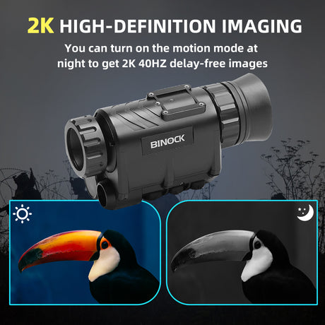 Digital night vision goggles camera monocular with 2K high-definition imaging feature, showing night vision capabilities with toucan images. You can turn on the motion mode at night to get 2K 40HZ delay-free images.