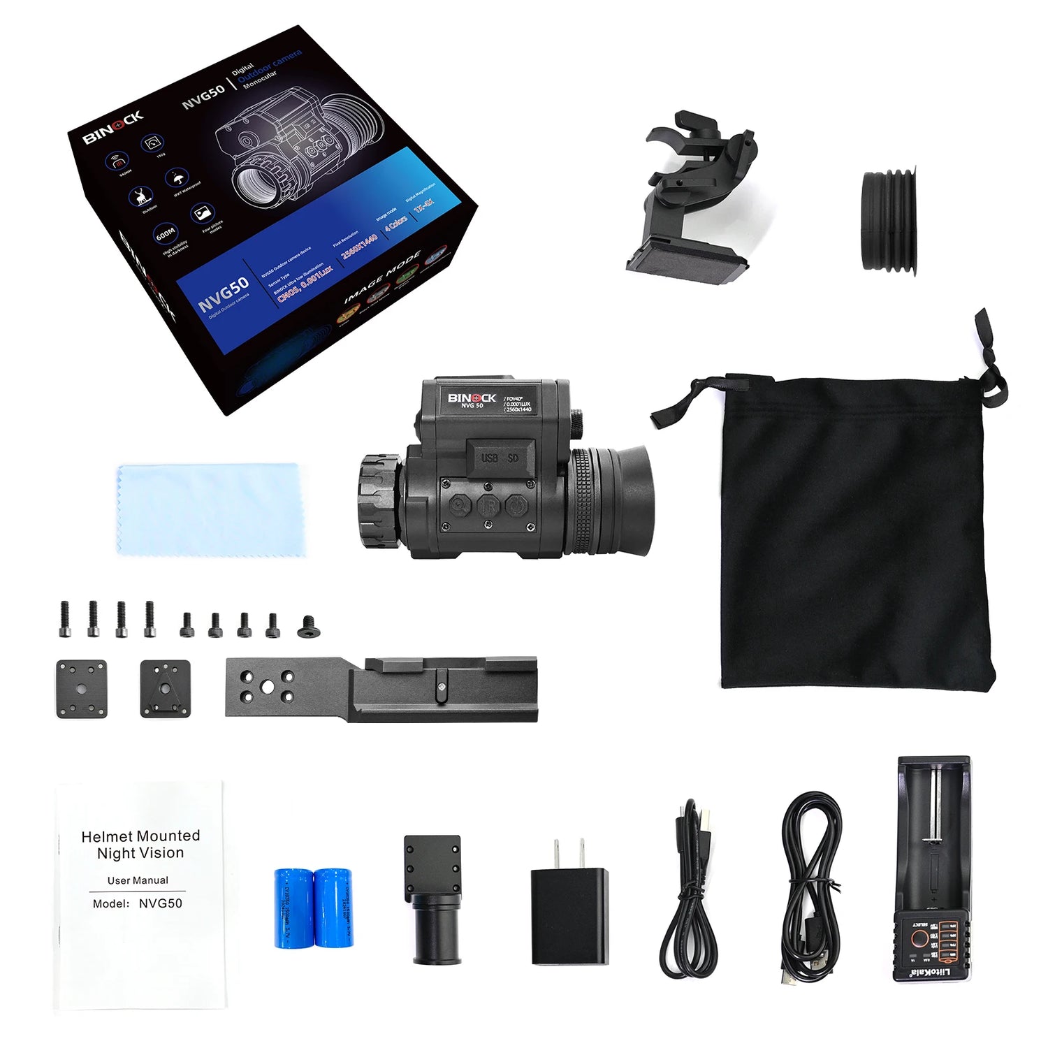 Helmet-mounted night vision device with accessories on a white background. The accessories of the best night vision goggles for hunting.