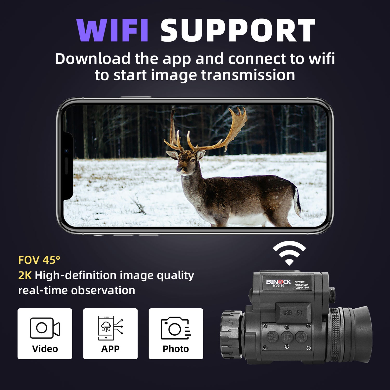 Digital night vision goggles camera device with smartphone display showing a deer in a snowy landscape, emphasizing WiFi support and high-definition image quality.