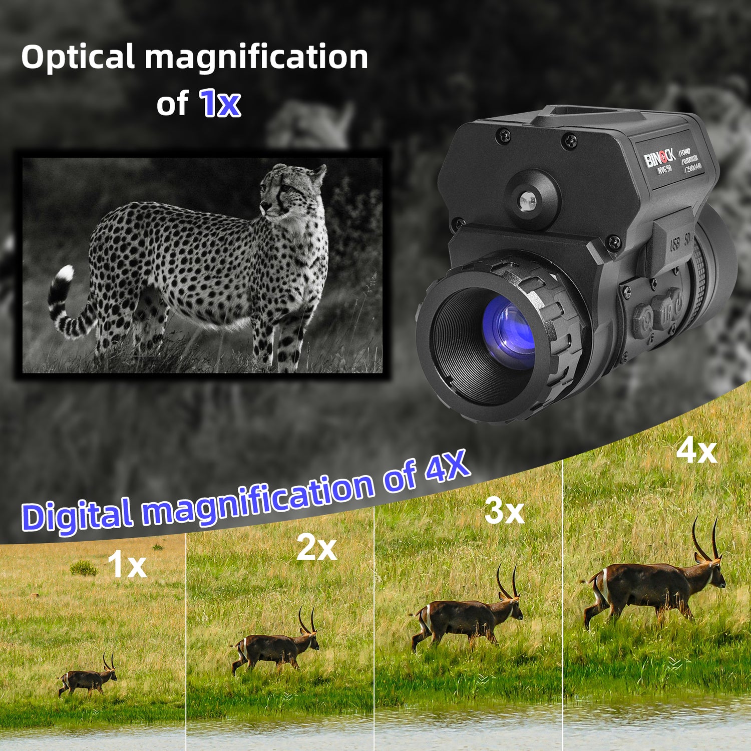 Night vision goggles Infrared night vision device with magnified images of animals in a natural setting