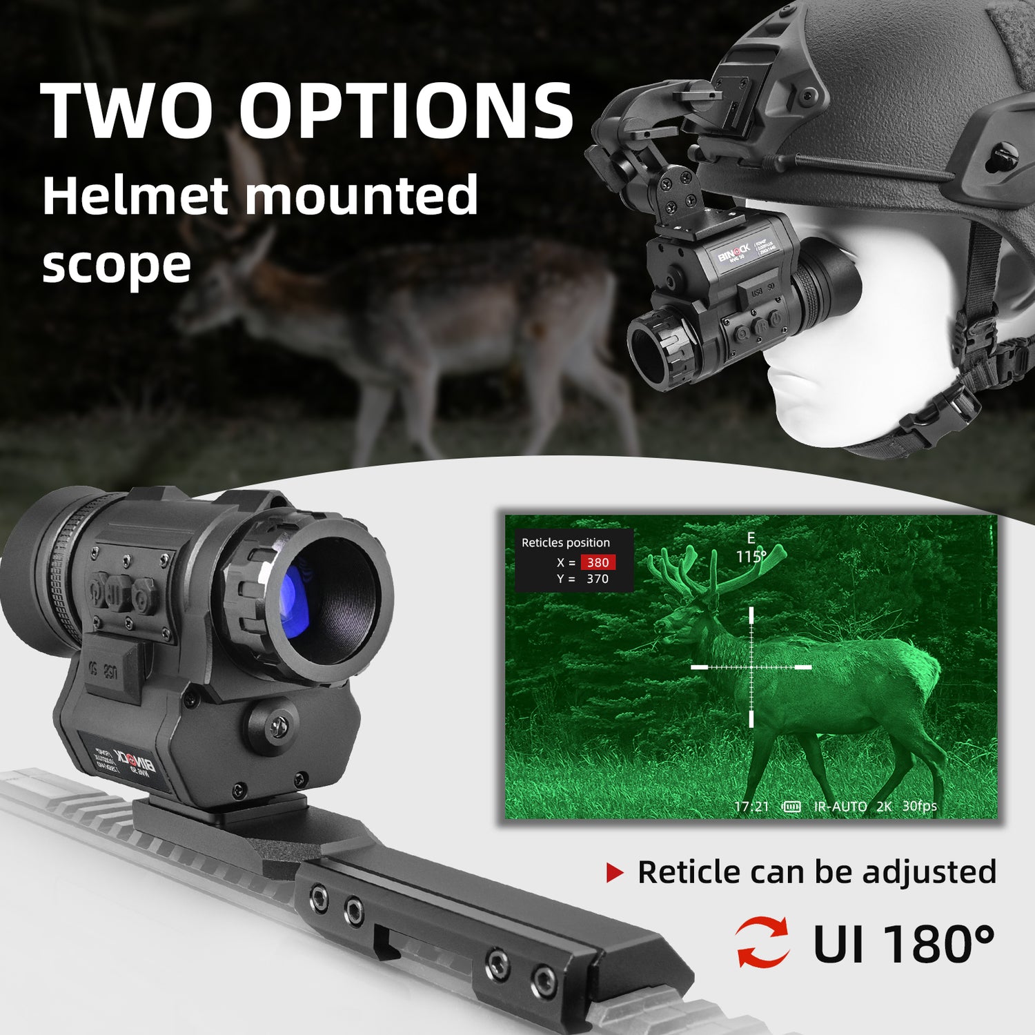 Helmet-mounted scope with reticle adjustment feature for hunting, showing deer in green thermal view. The digital night vision goggles has two options.