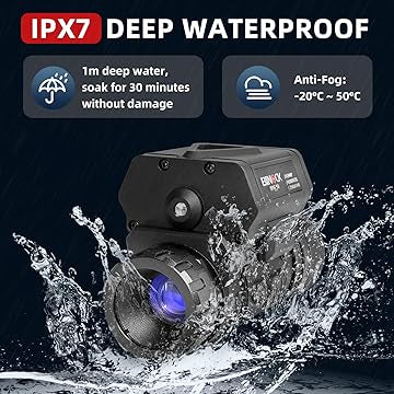 LED light with water splashes and IPX7 waterproof certification text of the best digital night vision goggles on a dark background